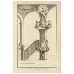 Antique Baroque Pulpit Elevation with Ornate Archway and Balustrade Engraved, ca.1740