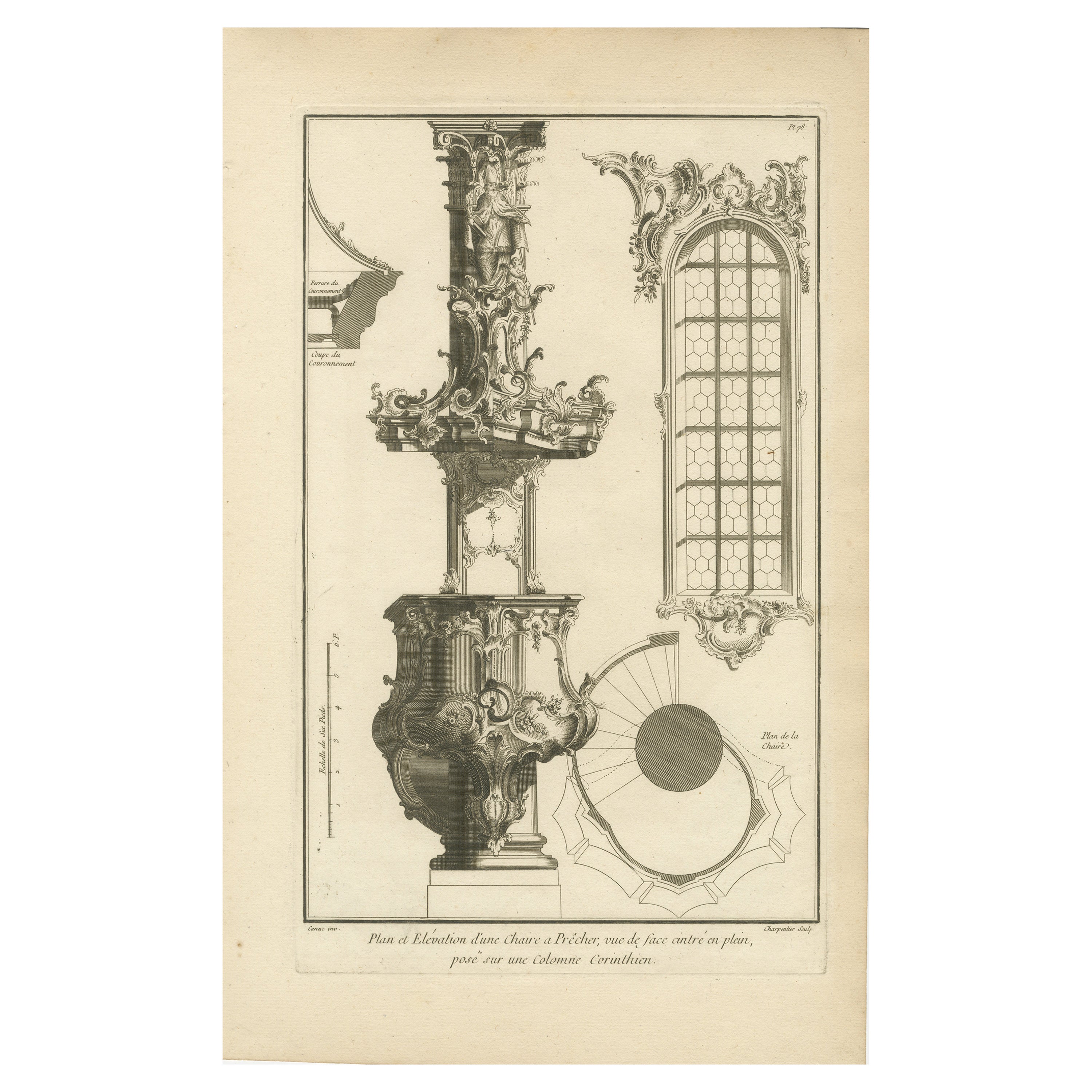 Old Baroque Pulpit Design with Corinthian Column and Staircase Plan, ca.1740