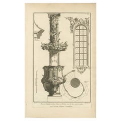 Antique Old Baroque Pulpit Design with Corinthian Column and Staircase Plan, ca.1740