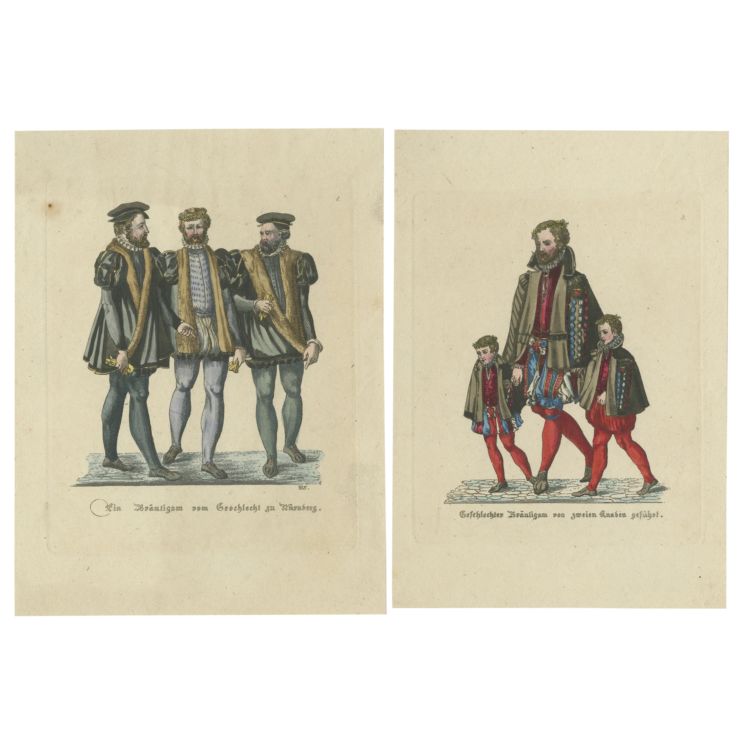 Renaissance Nobility: Württemberg and Mainz Engraved and Handcolored, circa 1850 For Sale