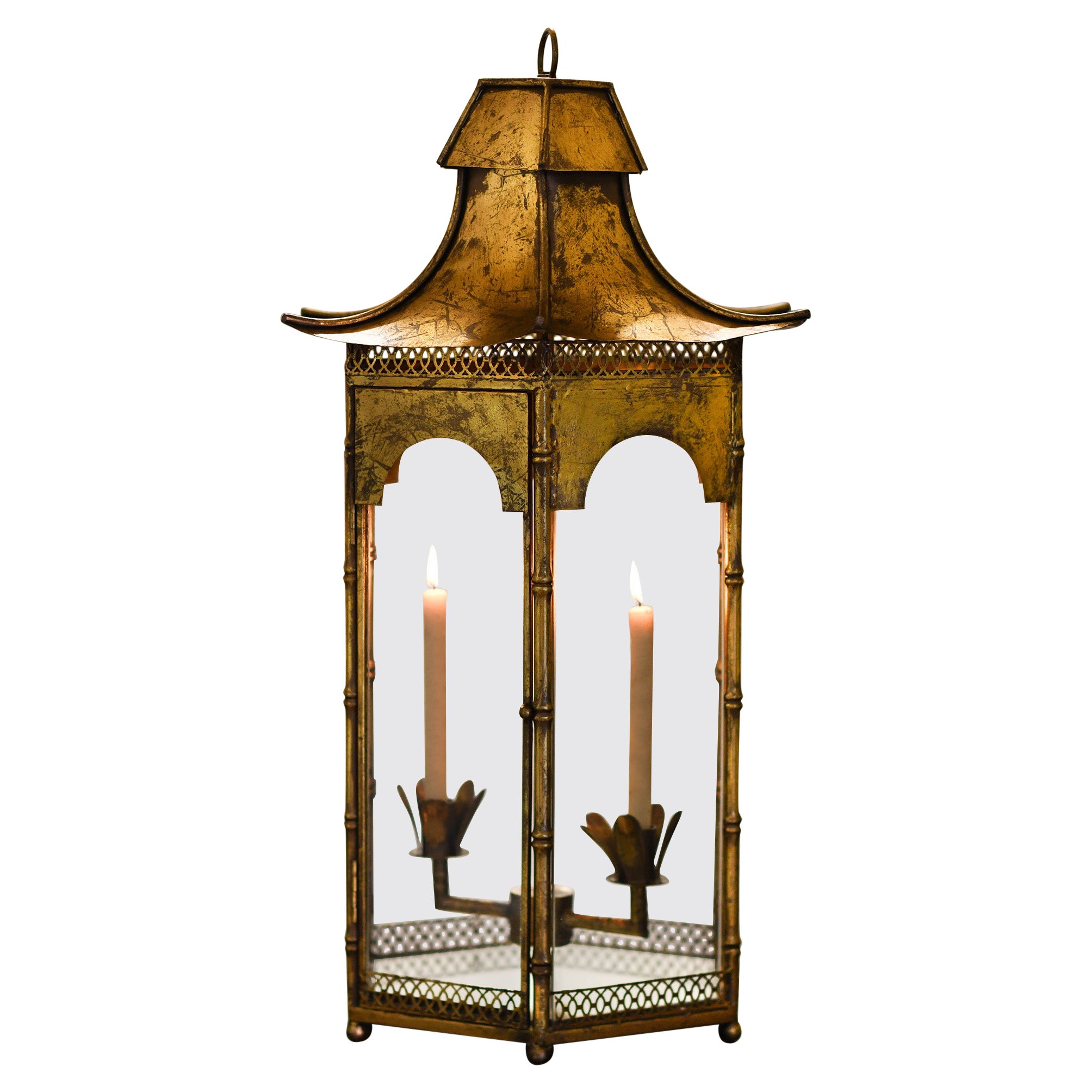 Large Pagoda shaped French lantern in golden metal from the 1970s