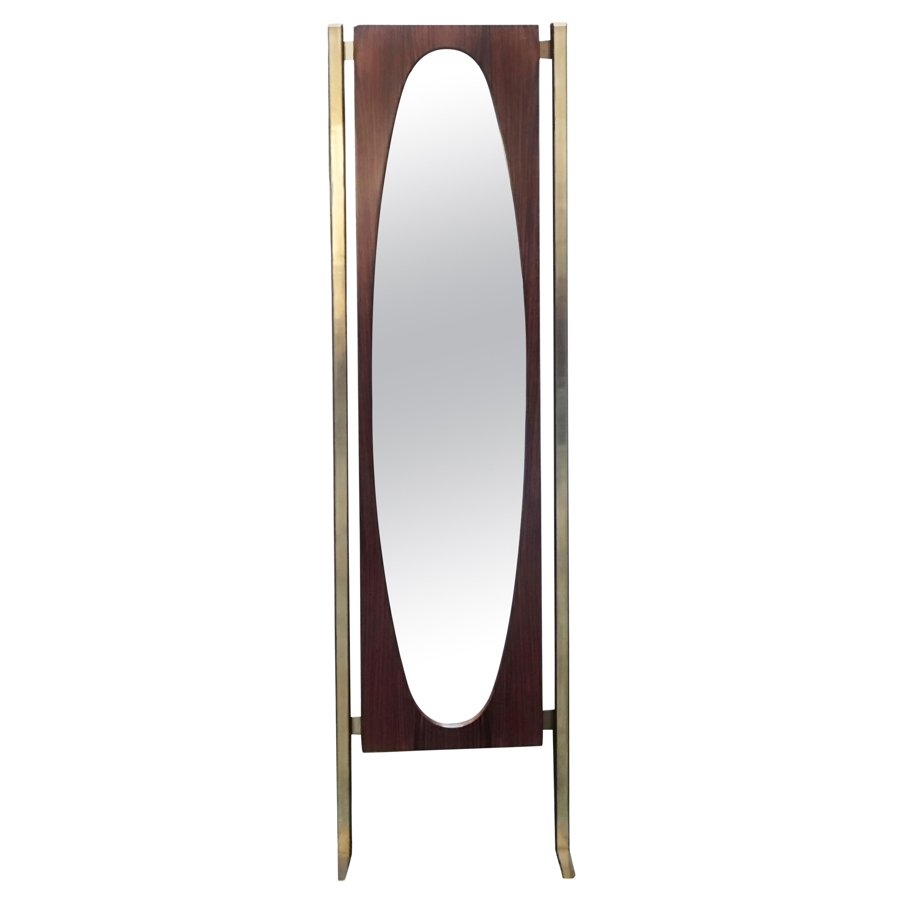 Wooden and Brass Floor Mirror, Italy 1960s For Sale