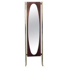 Vintage Wooden and Brass Floor Mirror, Italy 1960s