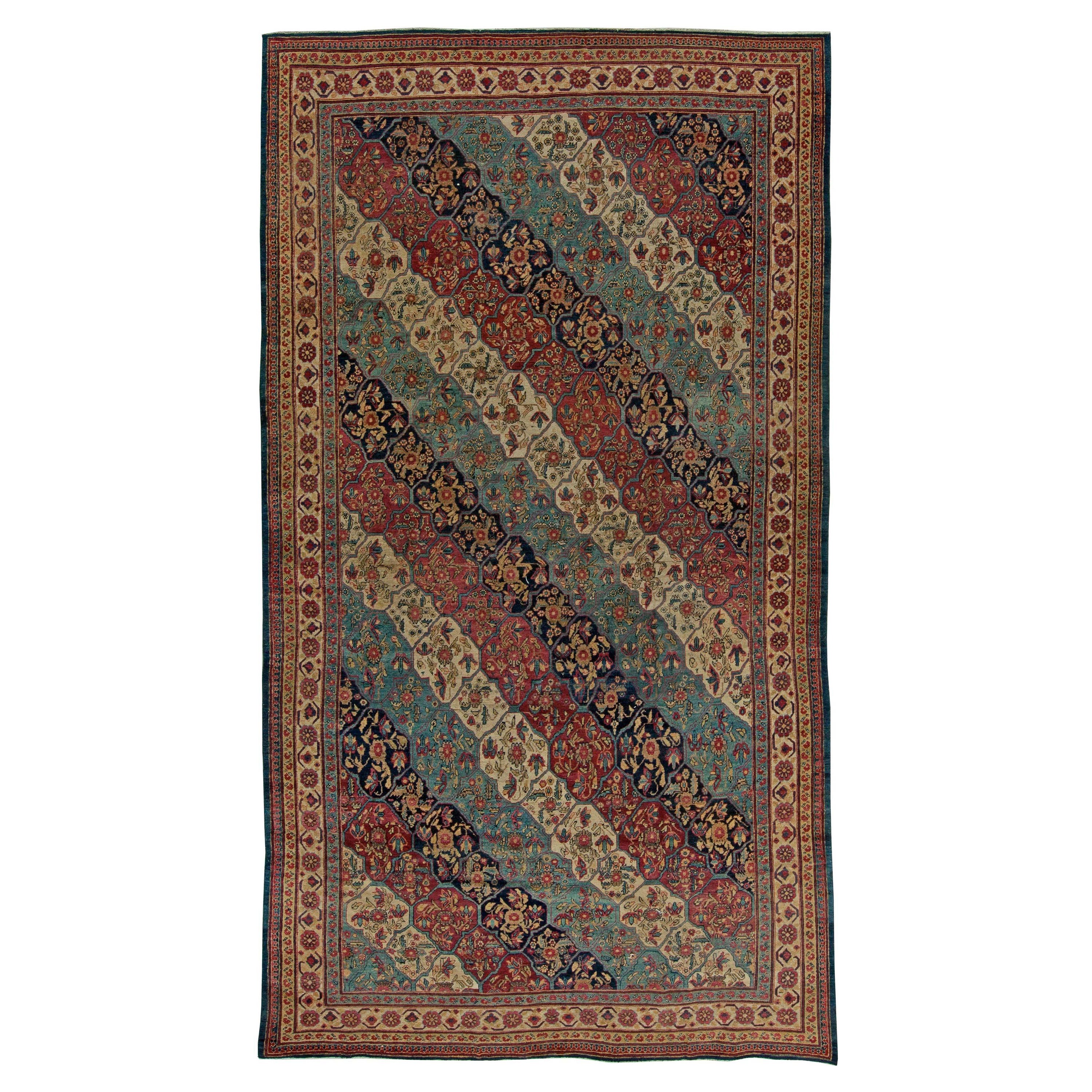 19th Century Kirman Red, Blue Handwoven Wool Rug For Sale