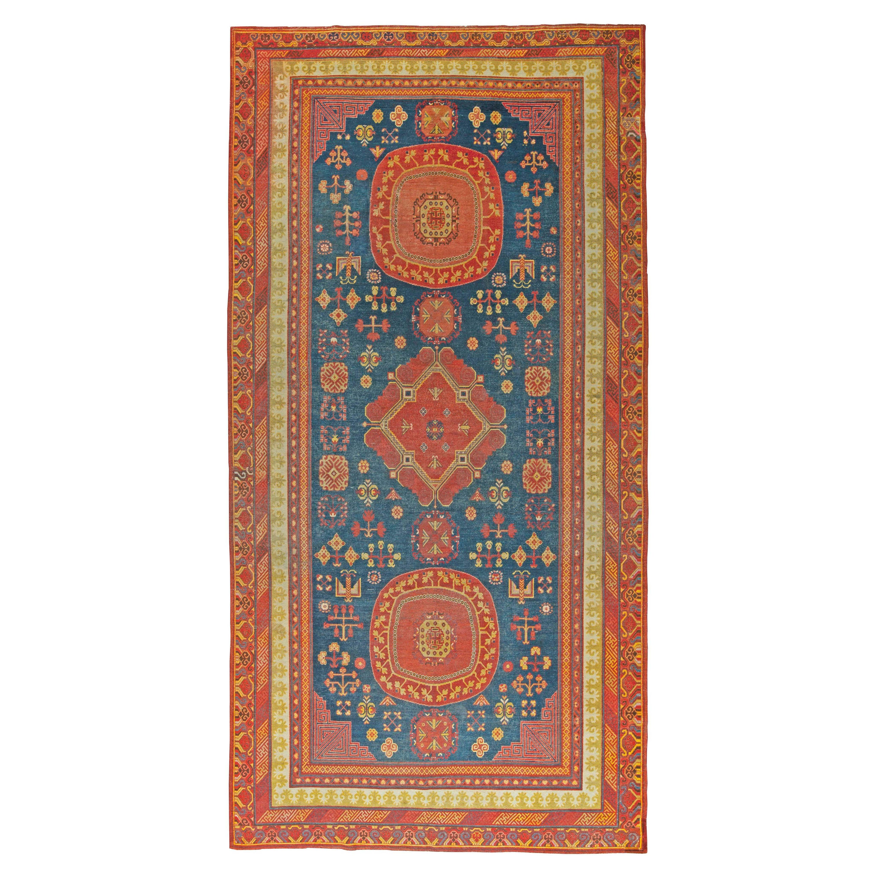 19th Century Samarkand Red and Blue Handmade Rug