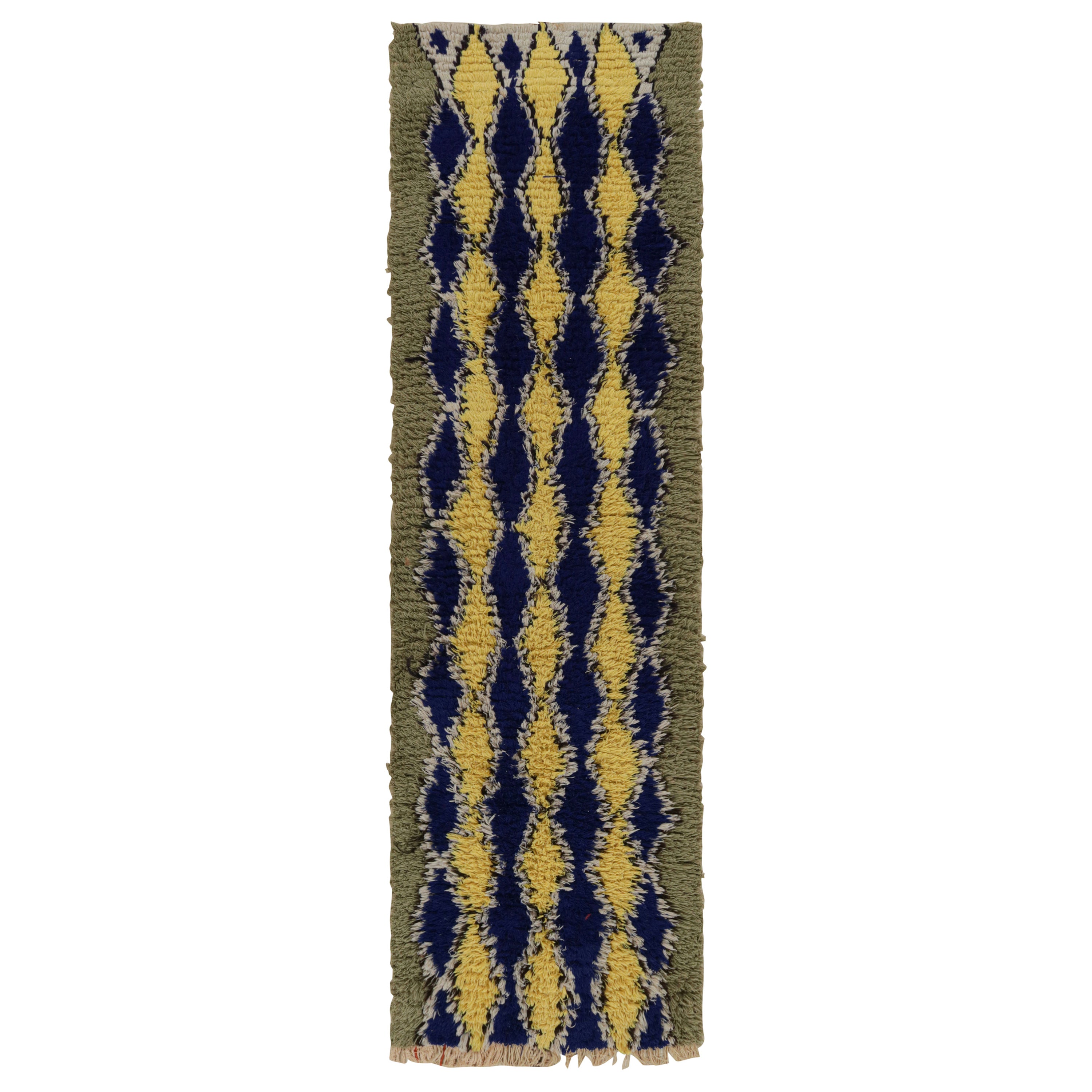 Vintage Moroccan Runner Rug with Blue and Yellow Diamonds, from Rug & Kilim For Sale
