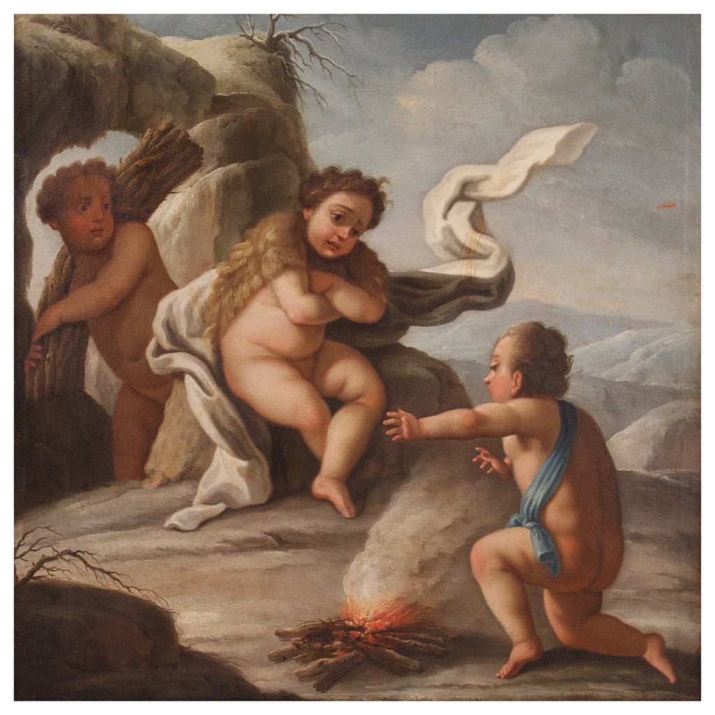 18th Century Oil on Canvas Italian Antique Winter Allegory Painting, 1750 For Sale