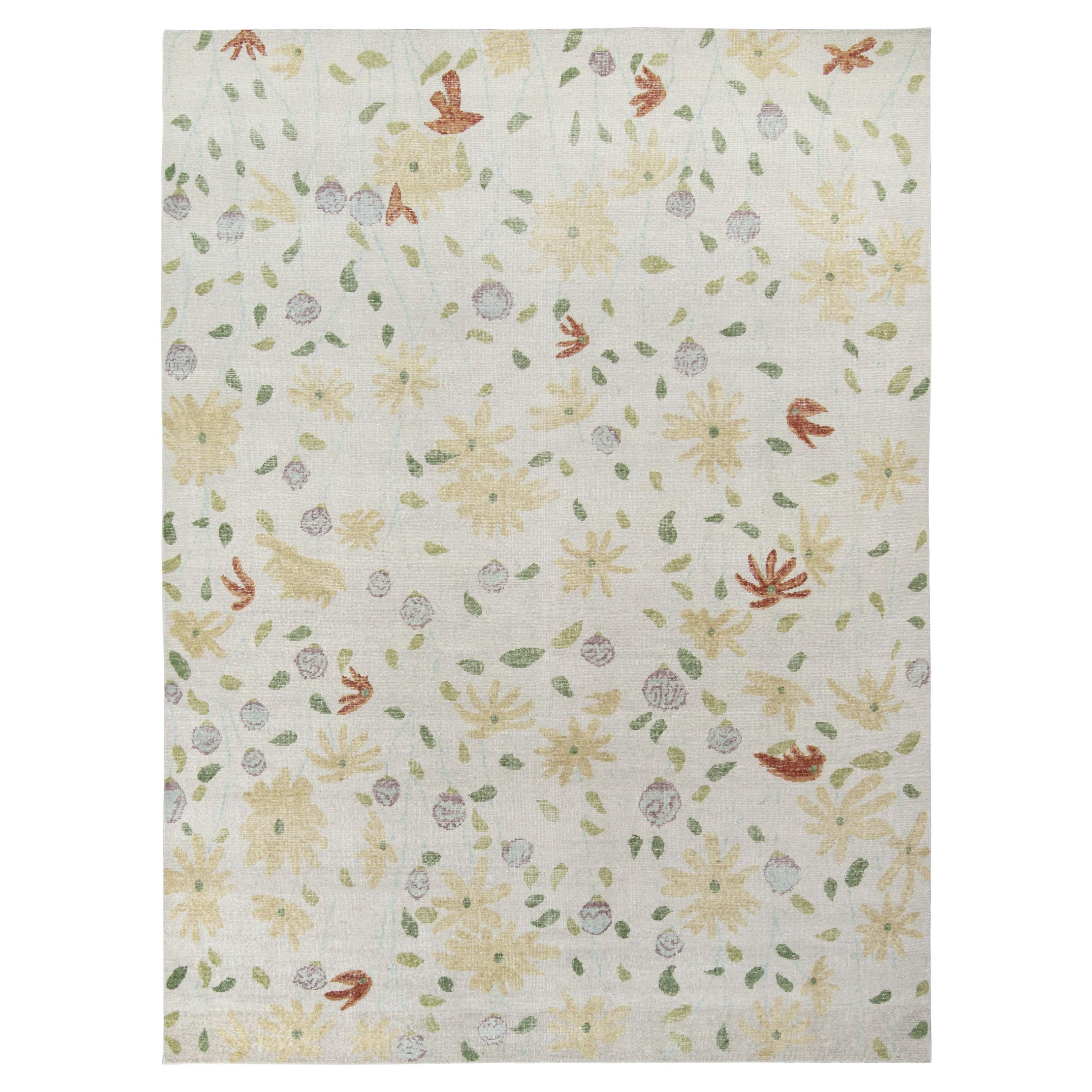 Rug & Kilim’s Distressed Contemporary Rug in White with Beige Floral Patterns For Sale