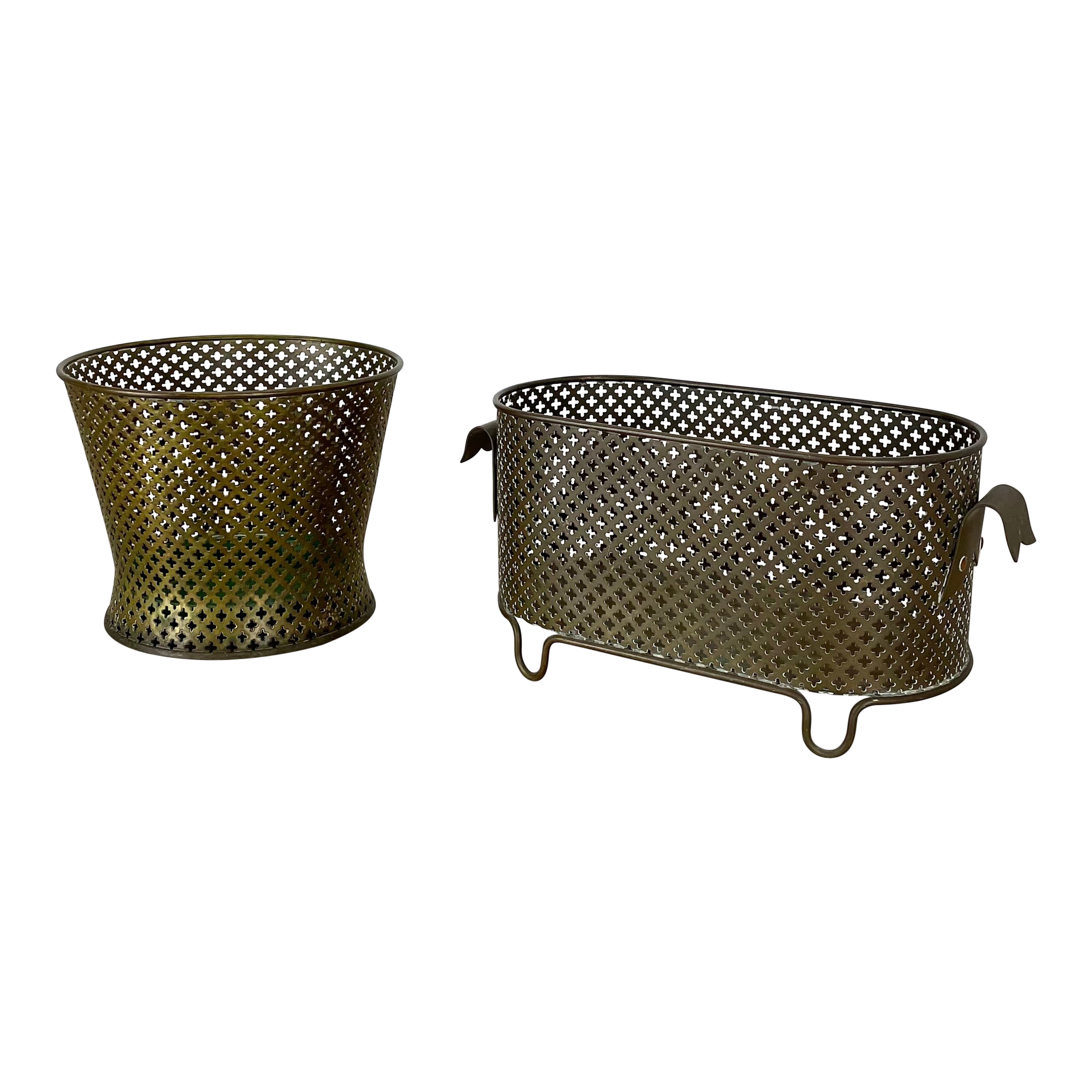 Set of two brass Flower Pot Plant Stands by Mathieu Mategot Attr., France 1950s For Sale