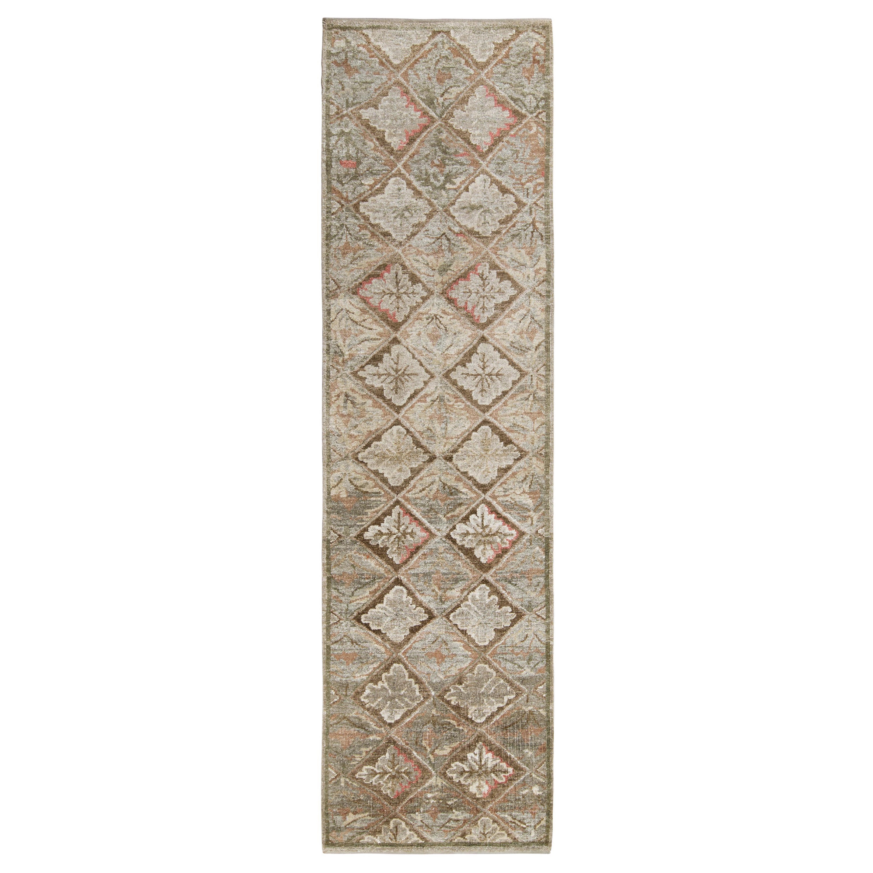 Tapis & Kilim's French Aubusson Style Runner in Green, Beige-Brown Floral Pattern (en anglais) en vente