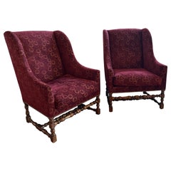 Dennis & Leen, LA Louis XIII Fireside Wing Chairs With Turned Wood Base - A Pair