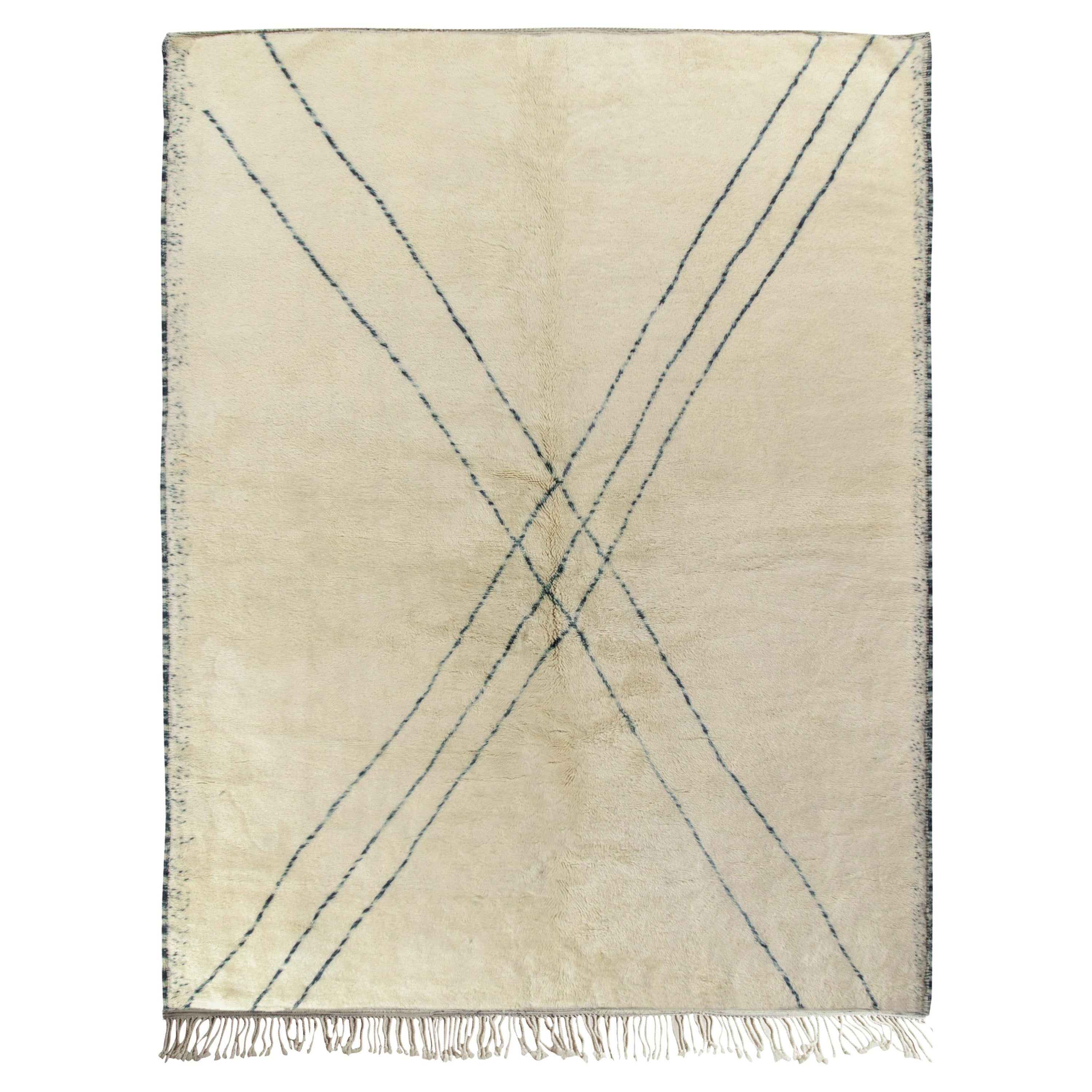 Rug & Kilim’s Contemporary Moroccan Rug in Beige-White, Blue Geometric Pattern