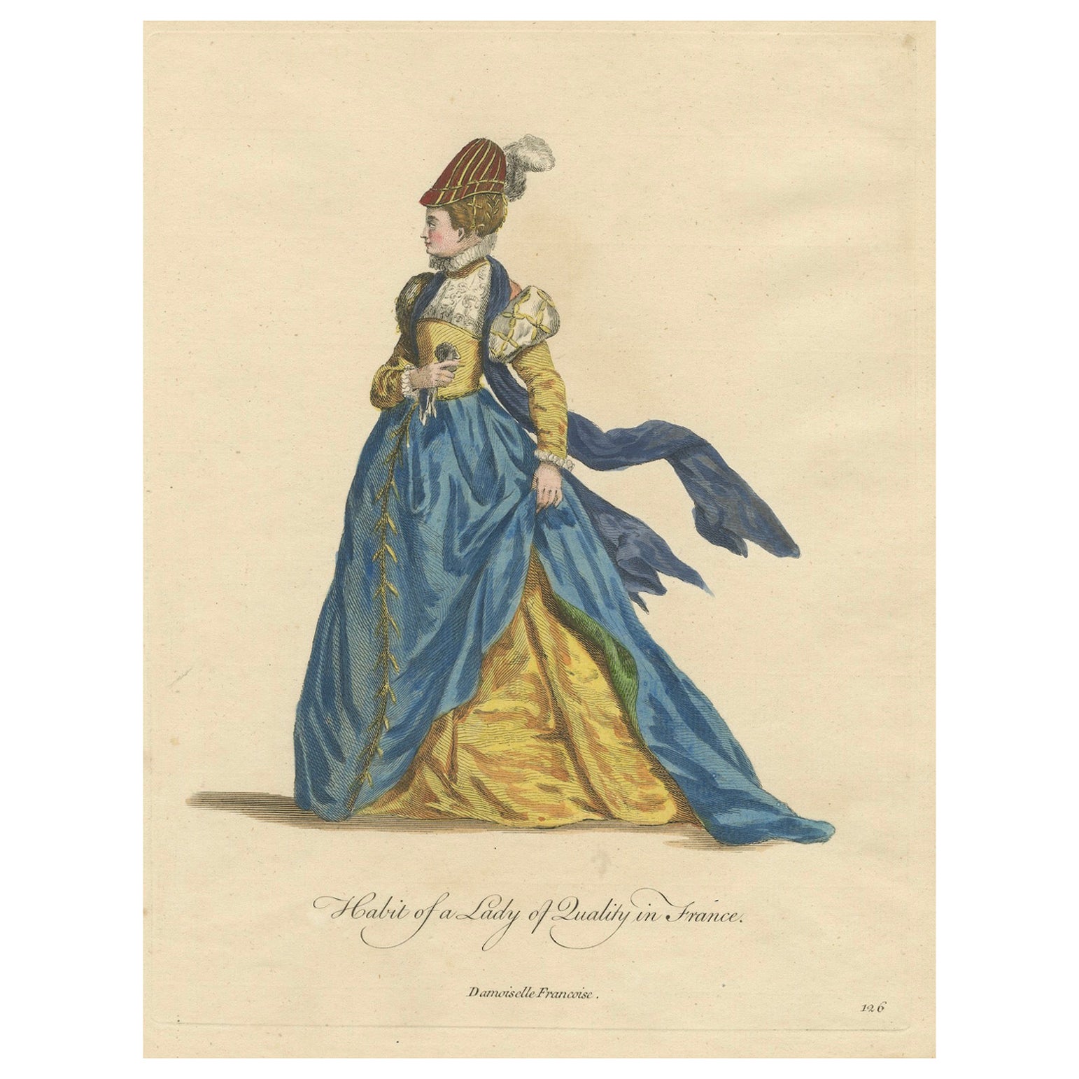 Habit of a Lady of Quality in France in a Hand-Colored Engraving, 1757 For Sale