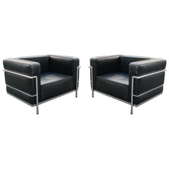 Pair of Gordon International Black Leather & Chromed Steel Club or Lounge Chairs