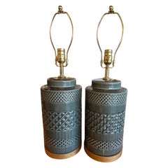 Vintage Pair Sage Green Ceramic Porcelain Ginger Jar Table Lamps Newly Wired
