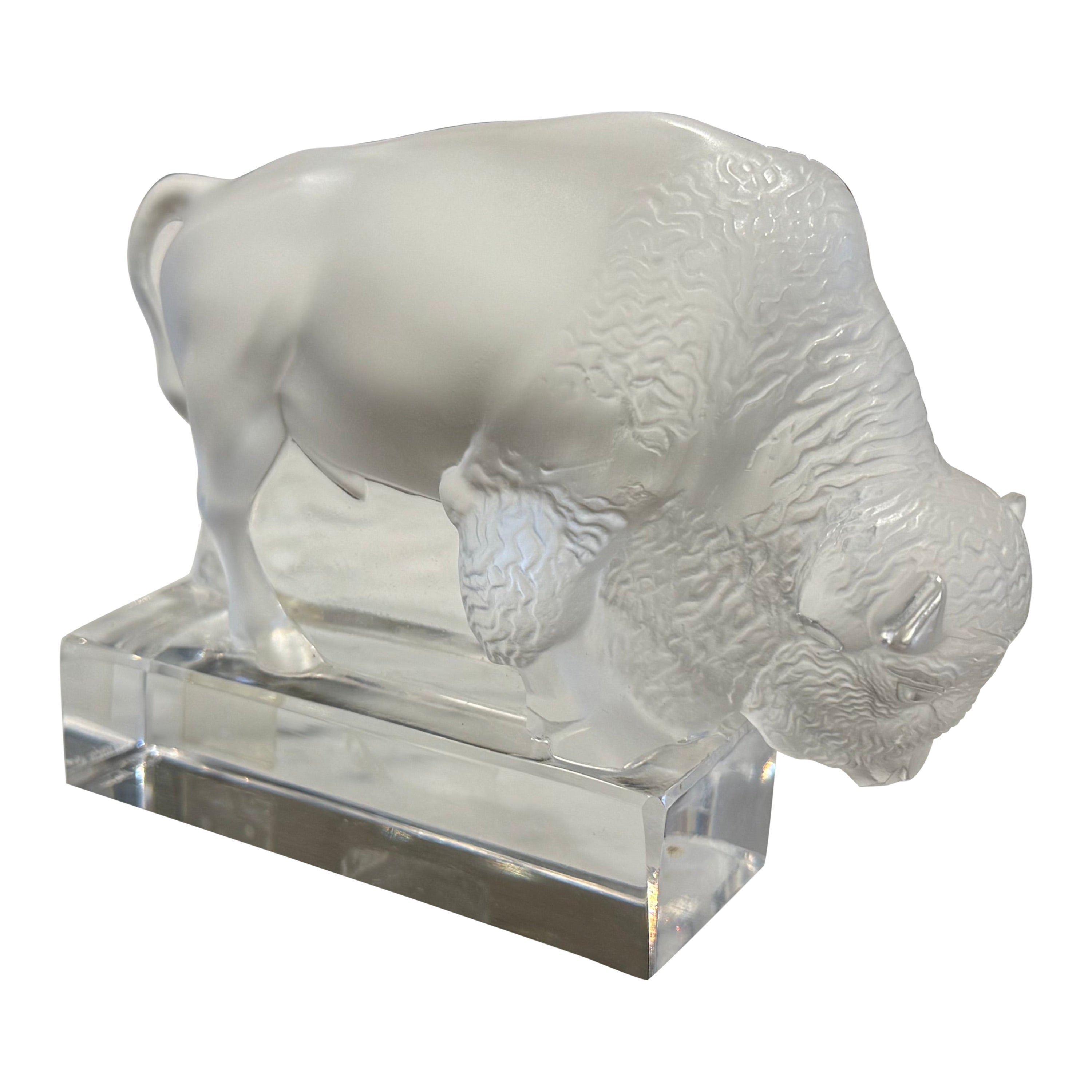 Mid-Century French Signed Lalique Frosted Crystal Bison Sculpture For Sale