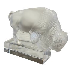 Mid-Century French Signed Lalique Frosted Crystal Bison Sculpture