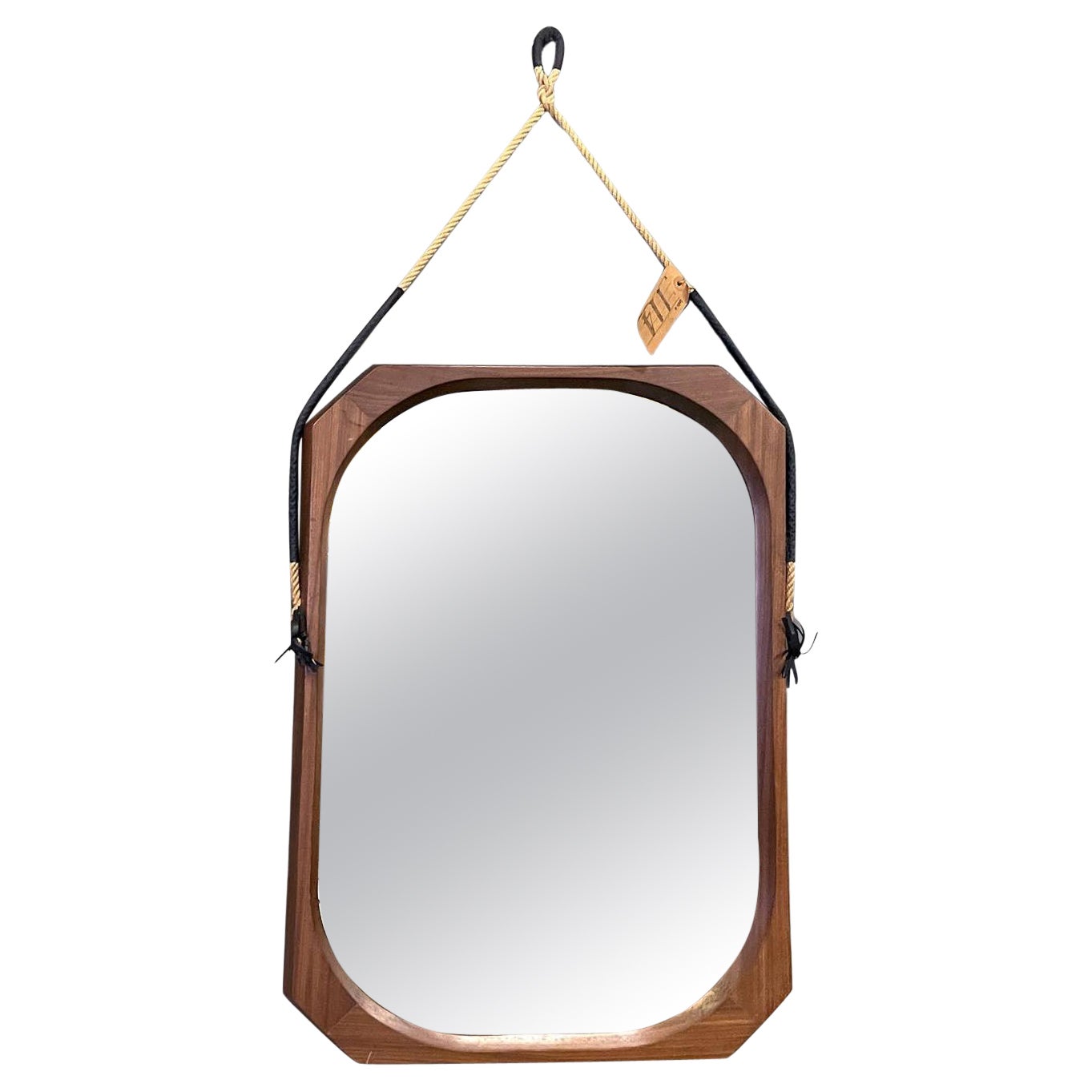 Italian mid-century modern rectangular wooden wall mirror with rope, 1960s