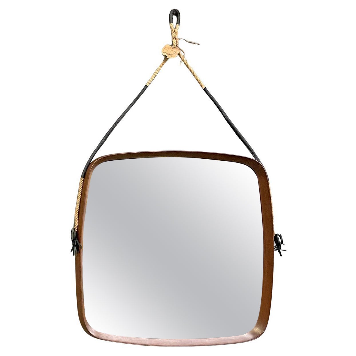 Italian mid-century modern squared wooden wall mirror with rope, 1960s For Sale