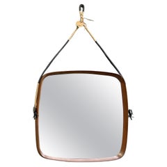 Italian mid-century modern squared wooden wall mirror with rope, 1960s