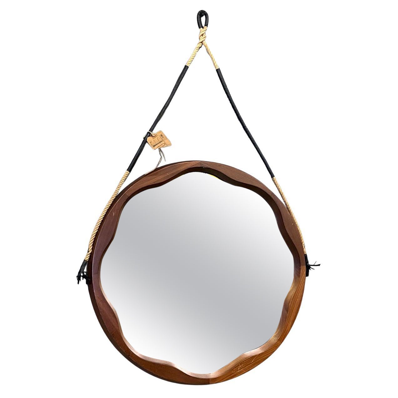 Italian mid-century modern rounded wooden wall mirror with rope, 1960s For Sale