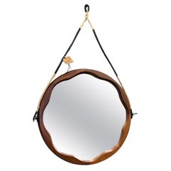 Retro Italian mid-century modern rounded wooden wall mirror with rope, 1960s
