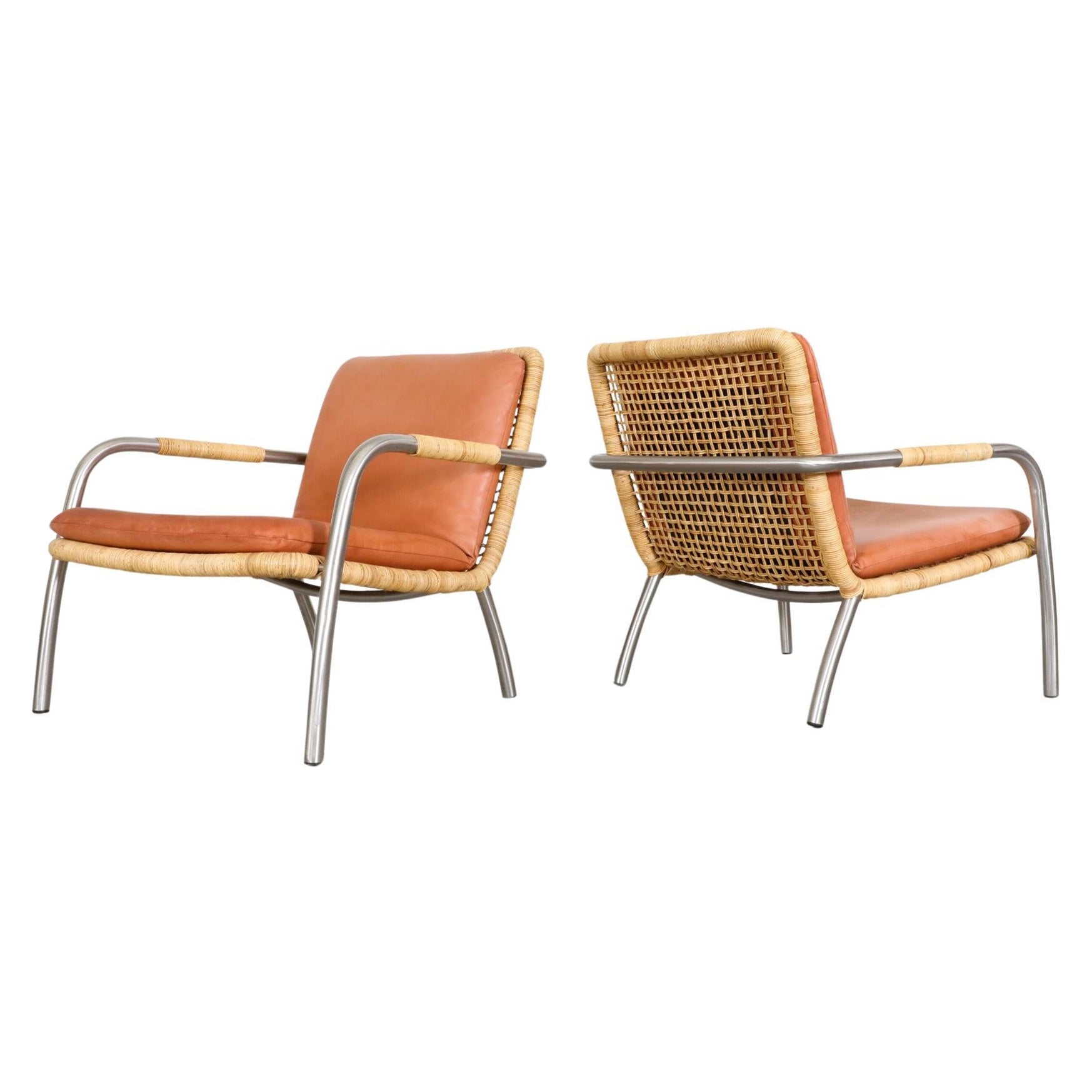 Pair of Martin Visser Style Chrome, Rattan and Terracotta Leather Lounge Chairs For Sale