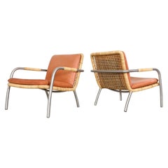 Pair of Martin Visser Style Chrome, Rattan and Terracotta Leather Lounge Chairs