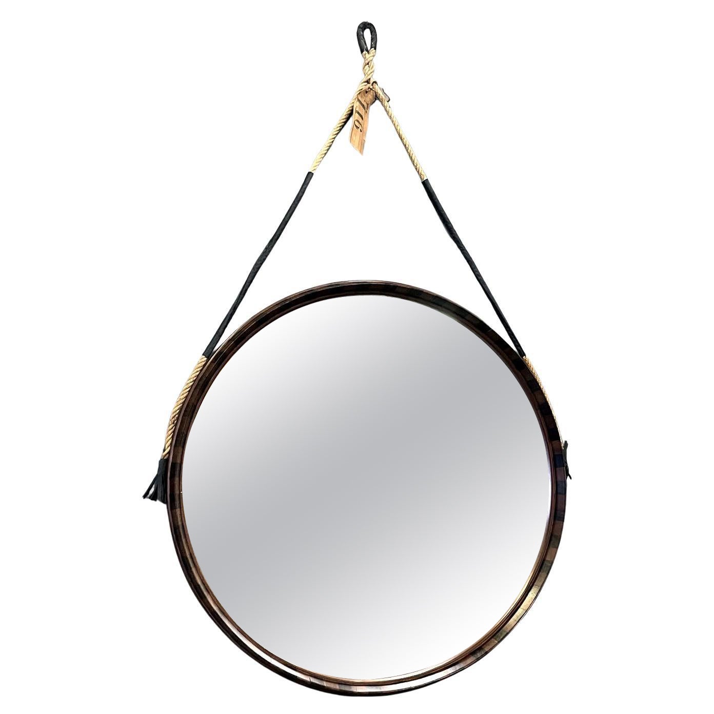 Italian mid-century modern rounded two toned wood wall mirror with rope, 1960s For Sale