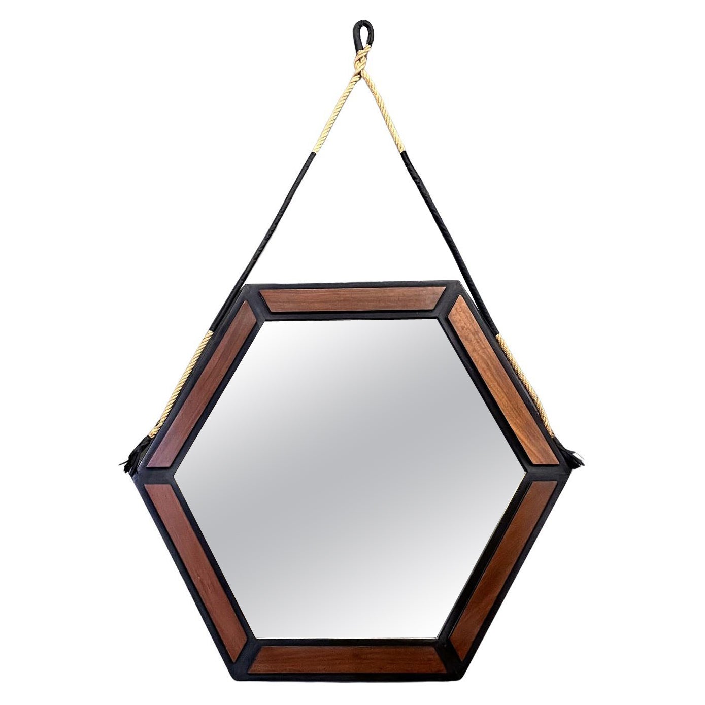 Italian mid-century modern hexagonal wooden wall mirror with rope, 1960s For Sale