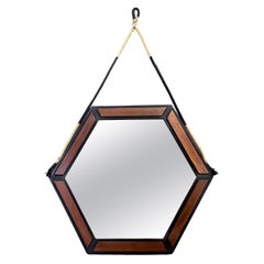 Retro Italian mid-century modern hexagonal wooden wall mirror with rope, 1960s