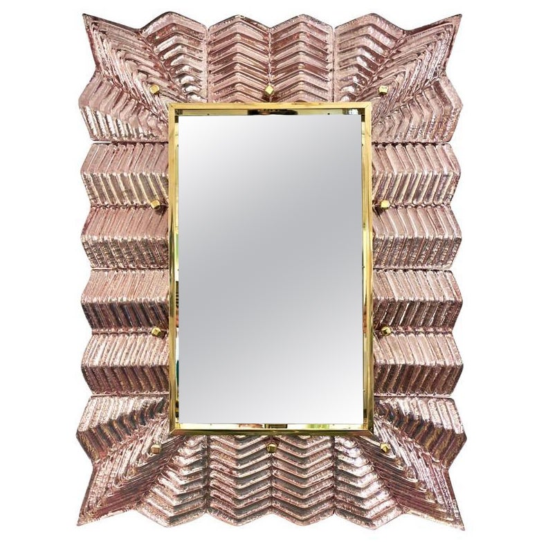 Bespoke Italian Art Deco Design Small Ruffled Pink Murano Glass Brass Mirror For Sale