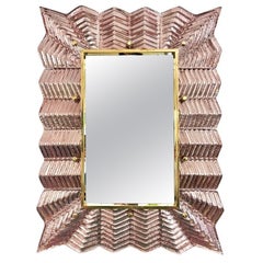 Bespoke Italian Art Deco Design Small Ruffled Pink Murano Glass Brass Mirror