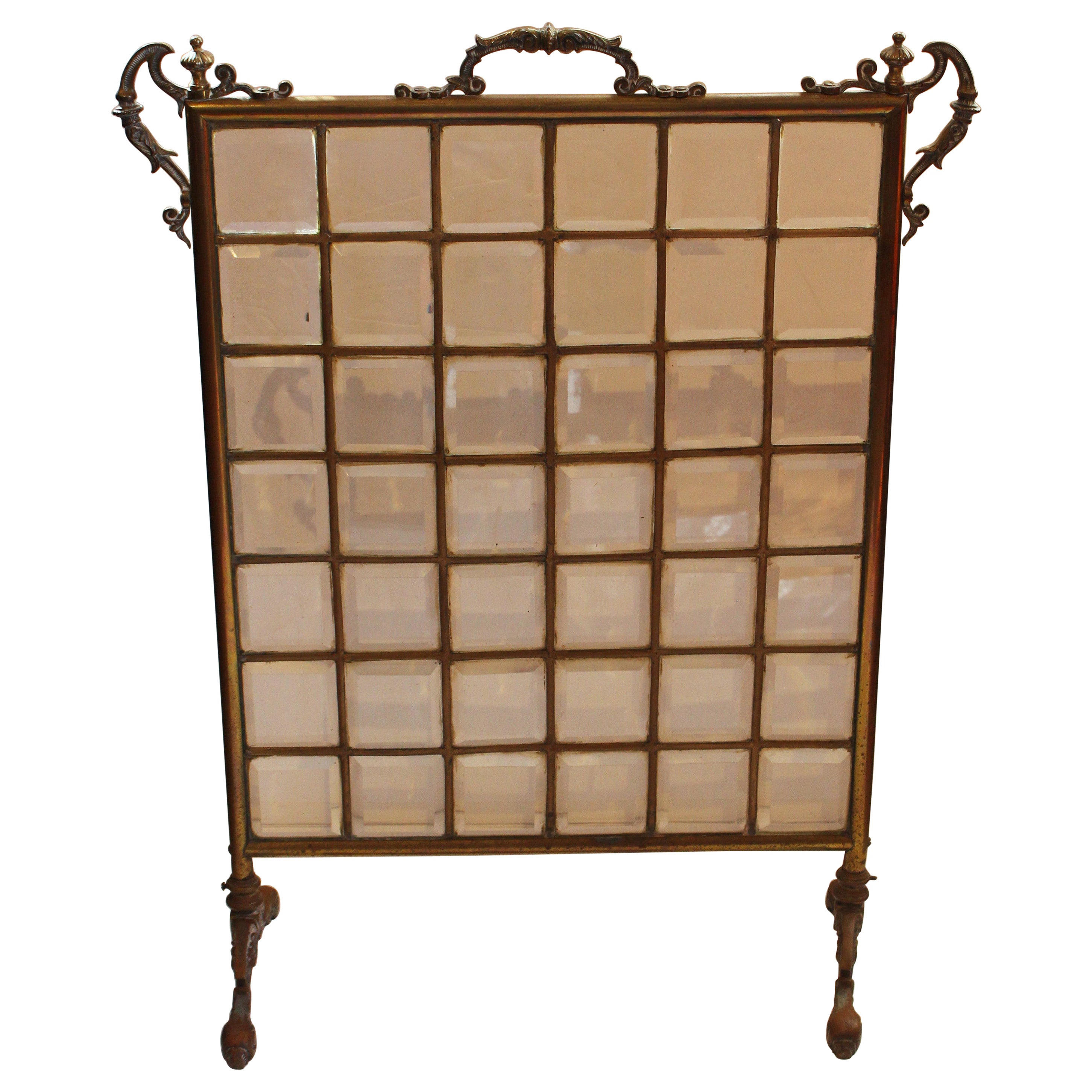c. 1900 Beveled Glass & Brass Fireplace Screen For Sale