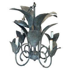 Retro Palm Beach Metal Tole Palm Tree Leaf Leaves Frond 4 Light Chandelier 