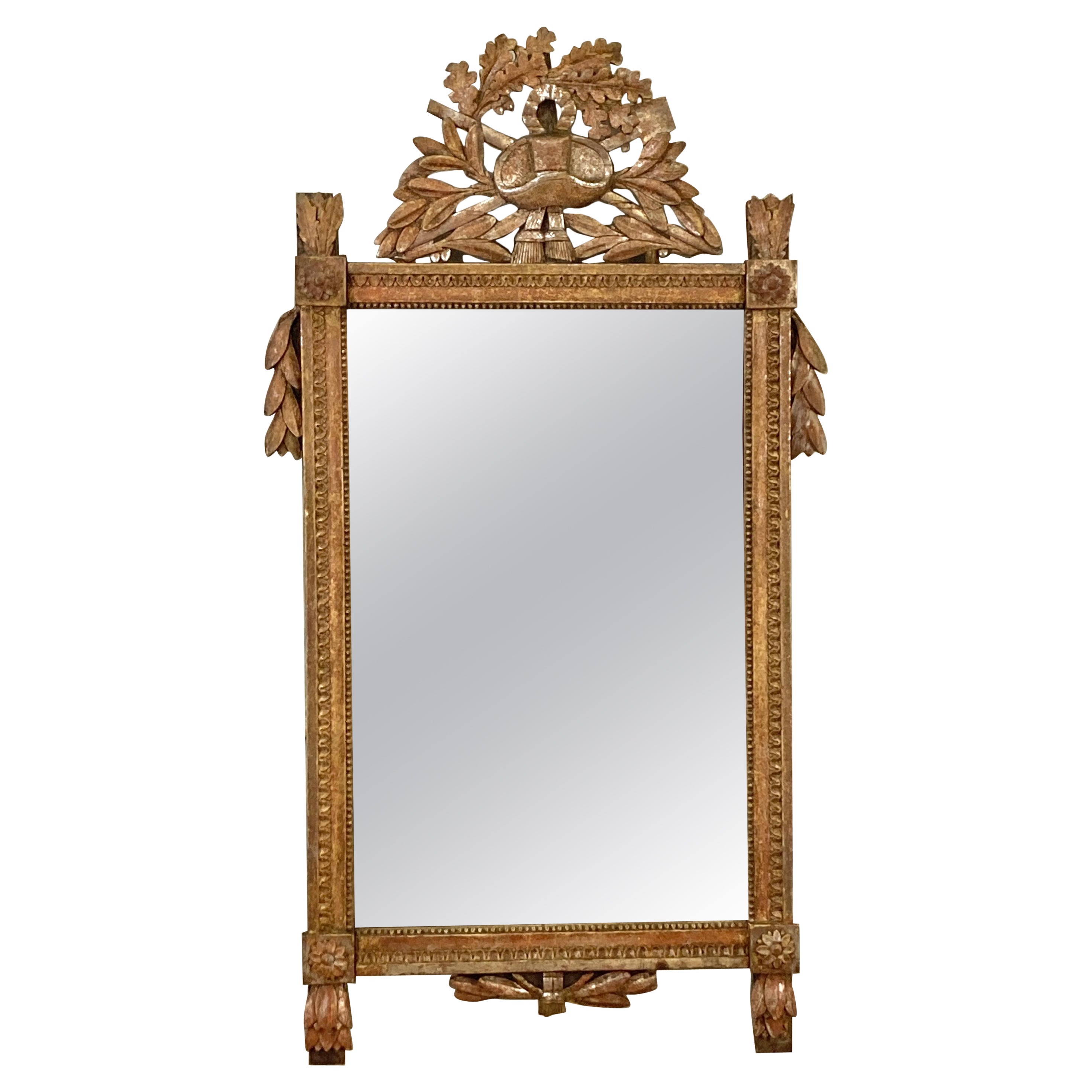 French 1790s Louis XVI Giltwood Wall Mirror with Carved Gardening Crest For Sale