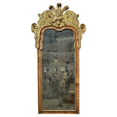 18th Century Walnut & Mahogany Looking Glass with Carved Prince of Wales Feather