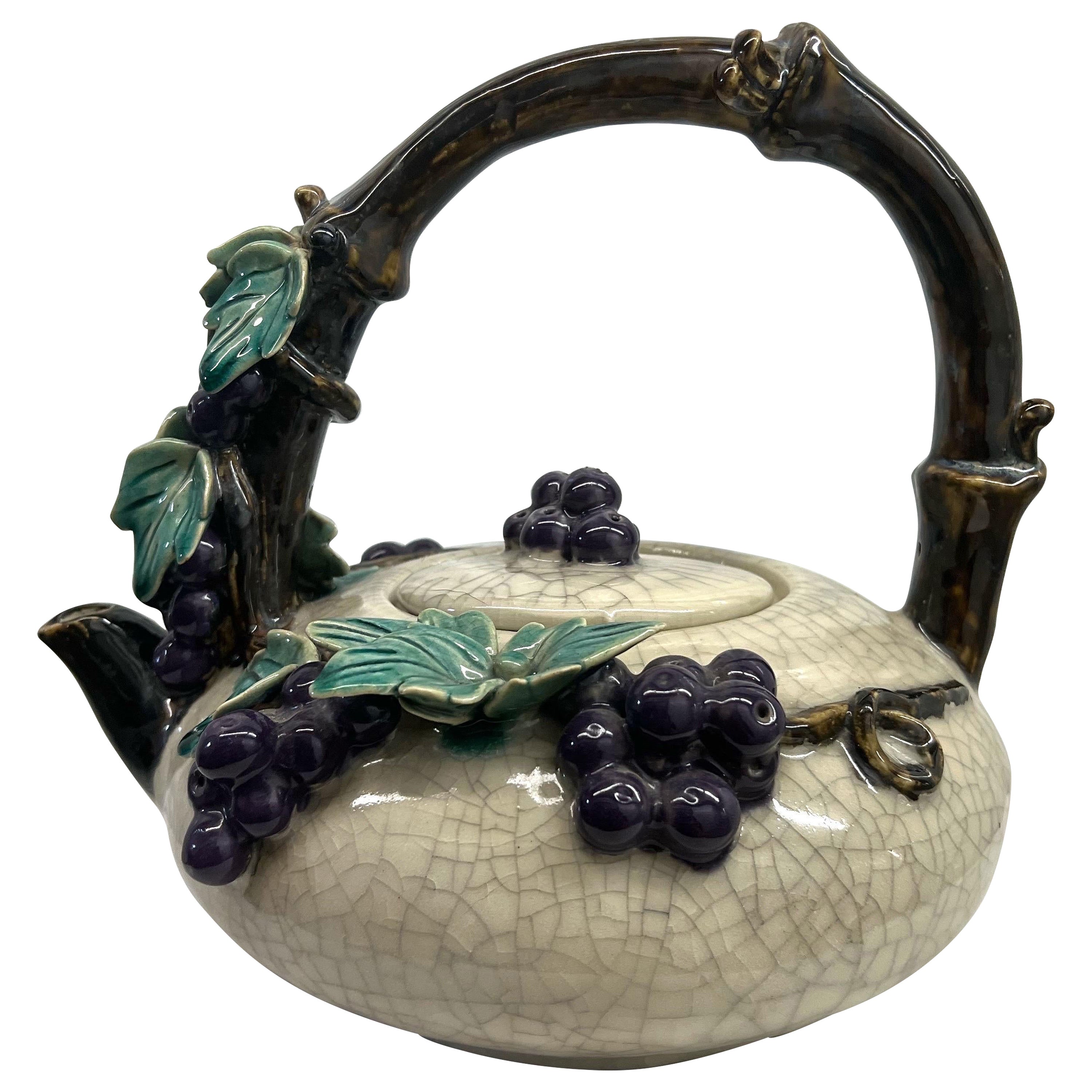 Large Vintage Majolica Pottery Teapot Purple Grape Bunches