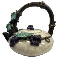 Large Vintage Majolica Pottery Teapot Purple Grape Bunches