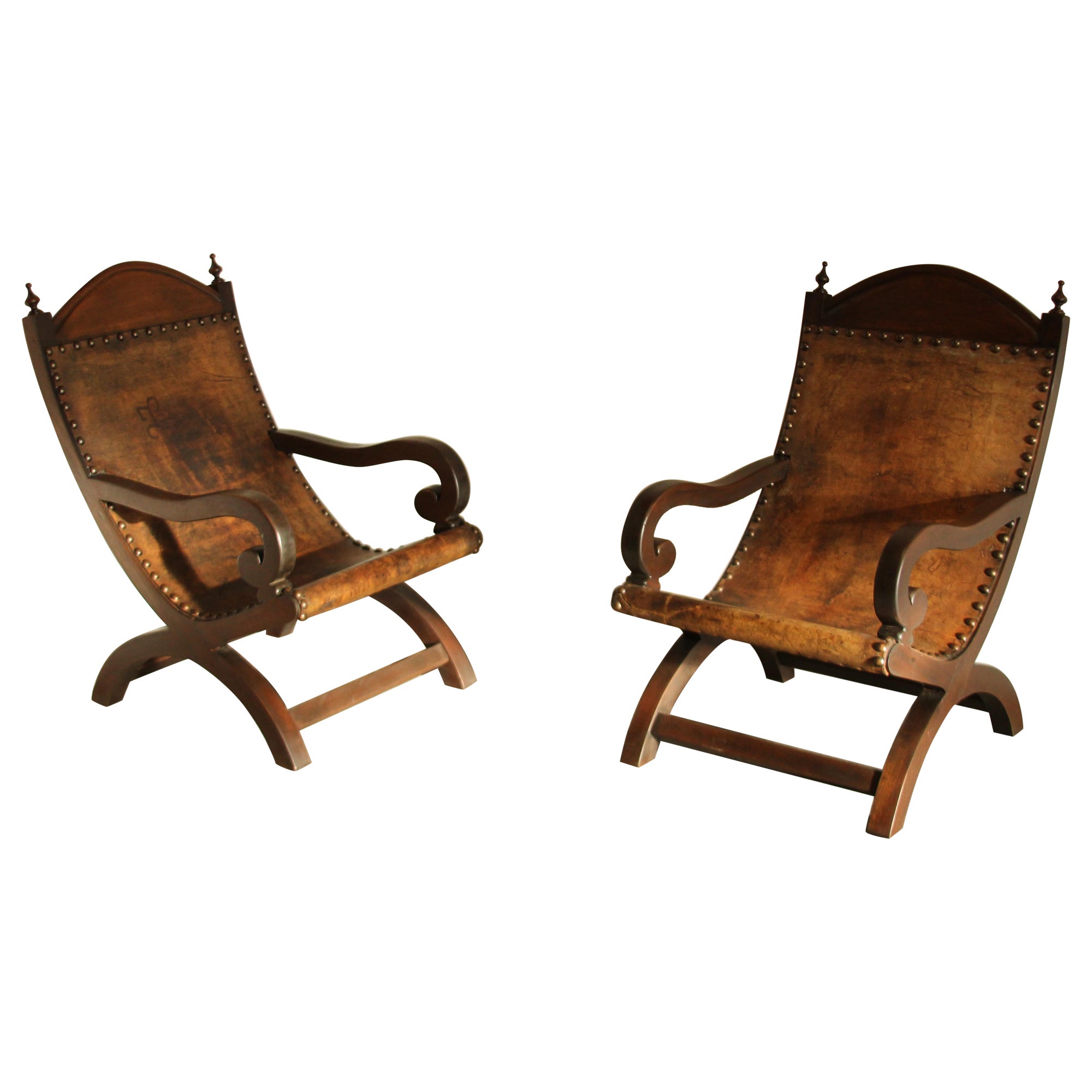 Primitive Mexican Butaque Leather Sling Chairs, 1970s For Sale