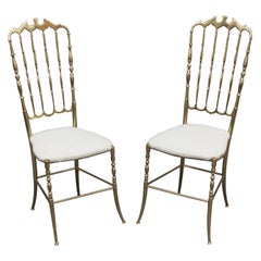 Pair of Solid Brass & White Upholstered Dining or Side Chairs by Chiavari Italy