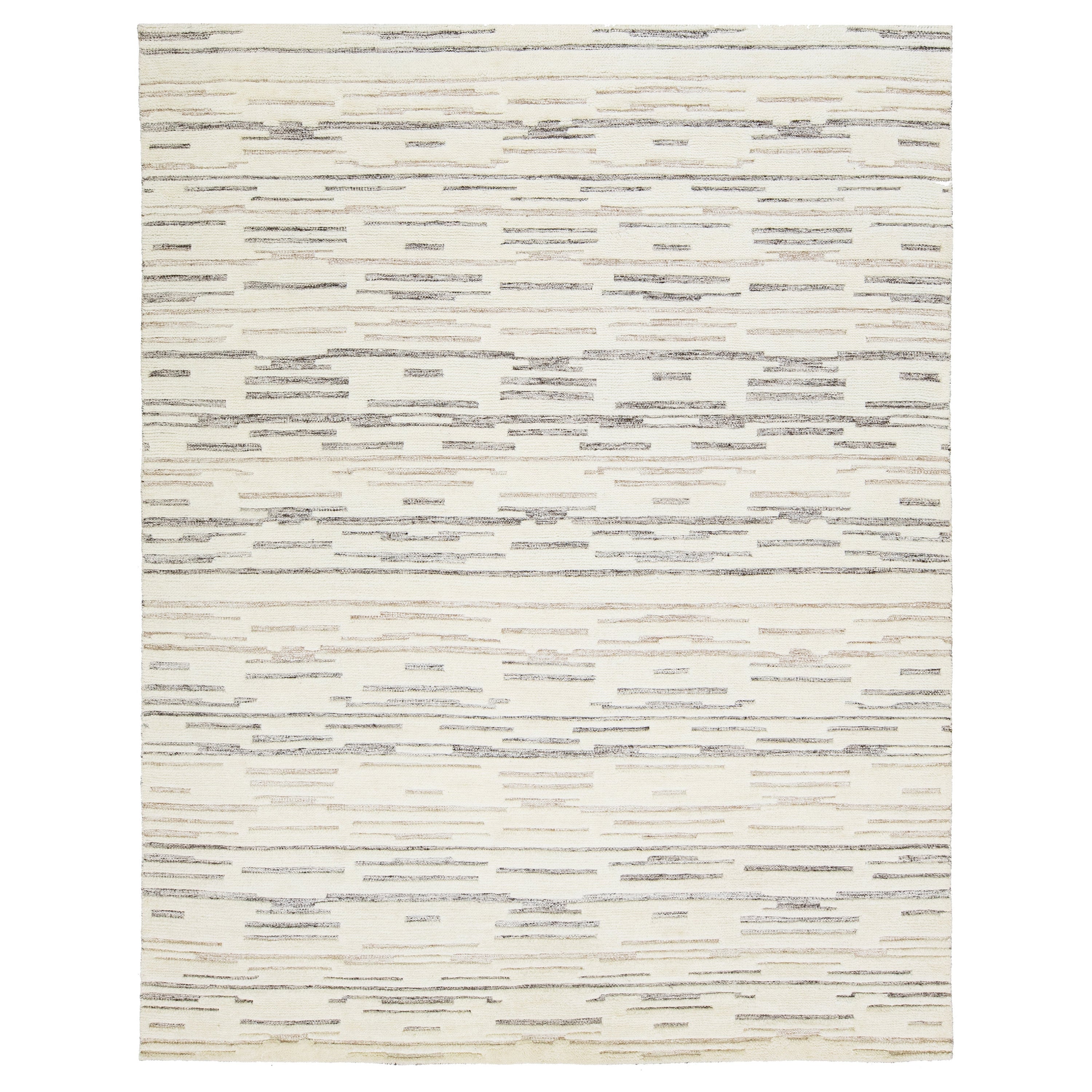 Apadana's Contemporary Moroccan-Style Ivory Wool Rug With a Striped Pattern 