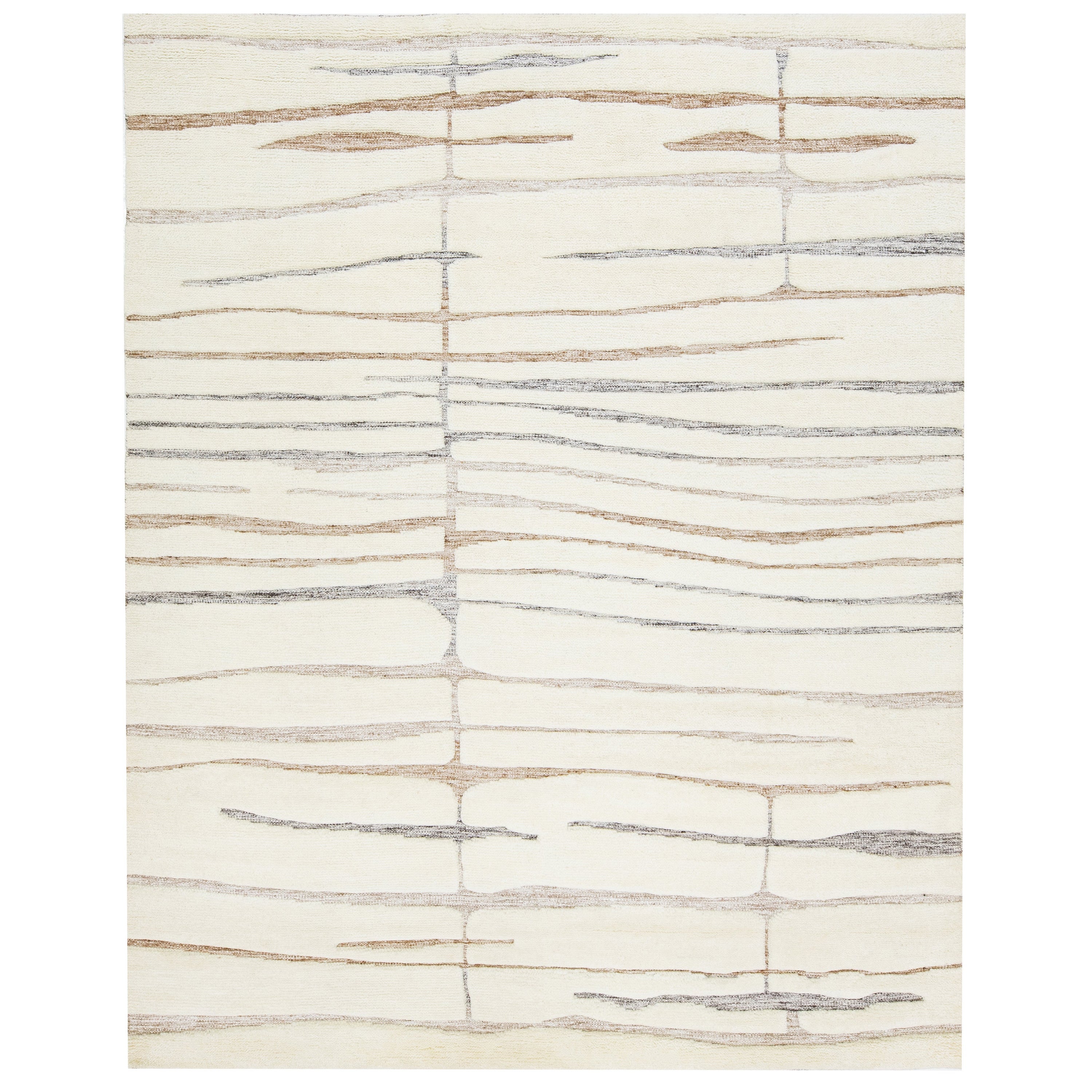 Ivory Modern Moroccan-Style Wool Rug Handmade With a Striped Design By Apadana For Sale