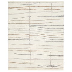 Ivory Modern Moroccan-Style Wool Rug Handmade With a Striped Design By Apadana