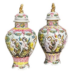 Mid-Century Hand Painted Italian Capodimonte Pottery Ginger Jars W/ Cherubs - 2