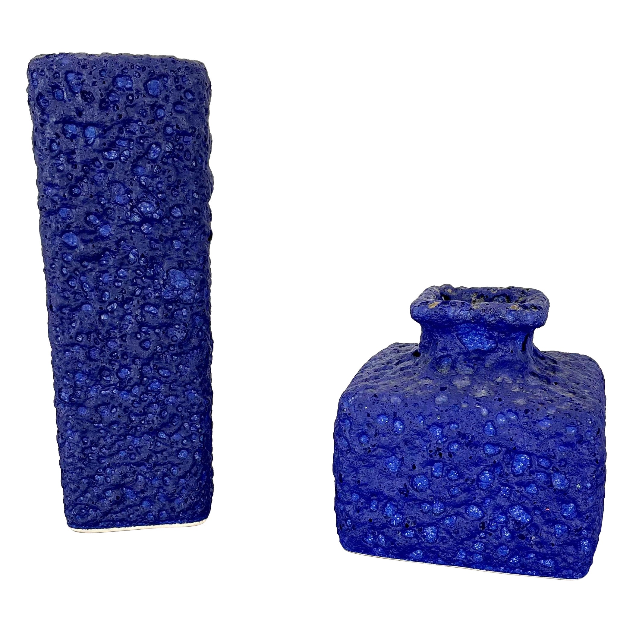 set of 2 Abstract Colorful Pottery Blue Vase by Silberdistel, W. Germany, 1970s For Sale
