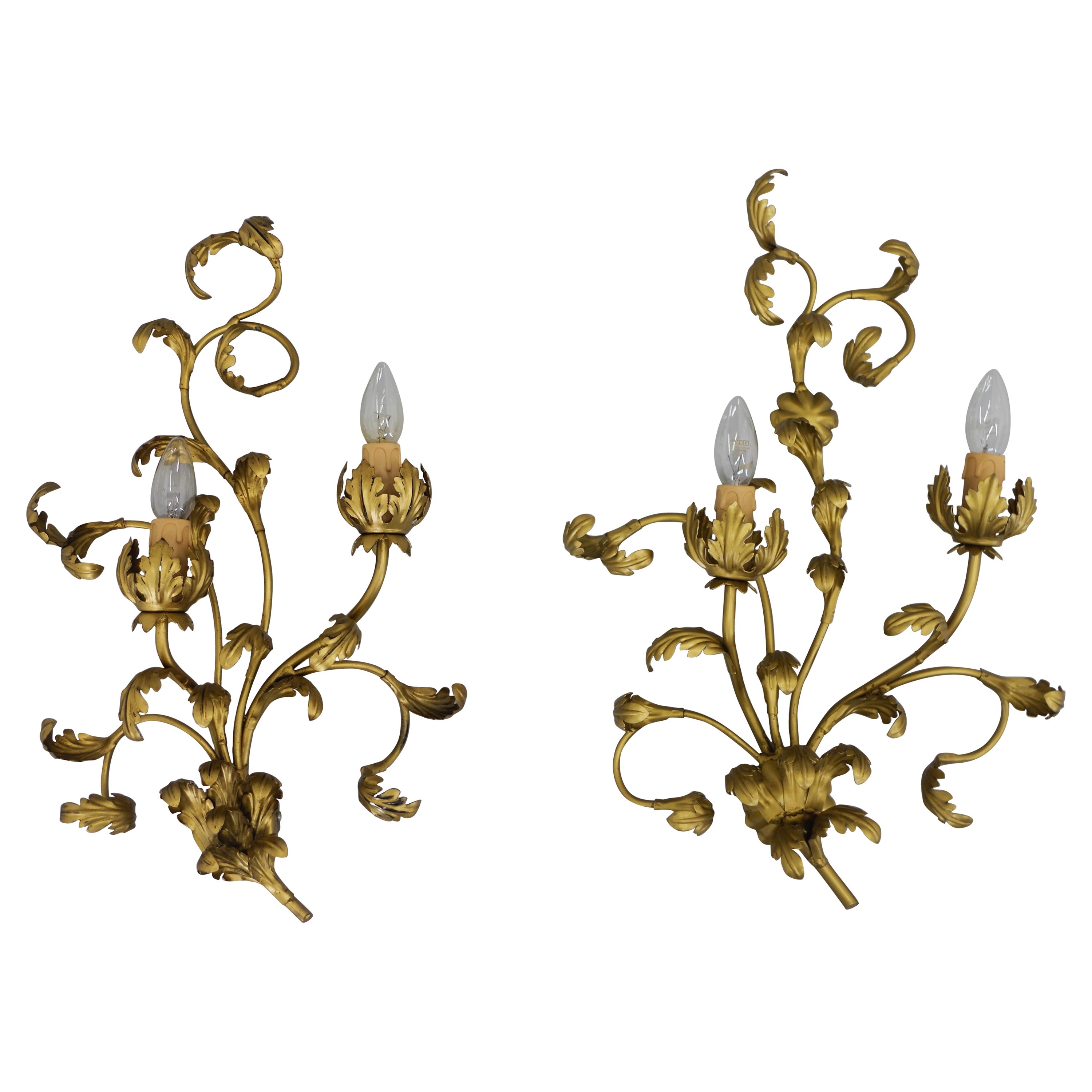 Set of Two Gilt Wall Lamps, Italy, 1960s For Sale