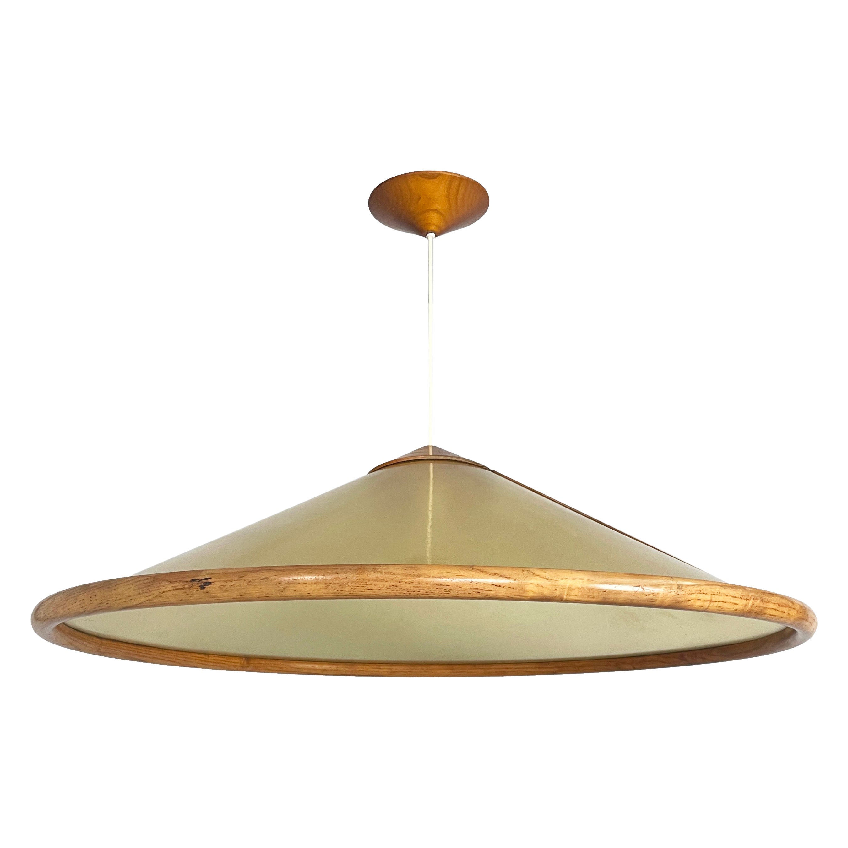 Italian modern Conical chandelier in green fiberglass and wood, 1980s For Sale