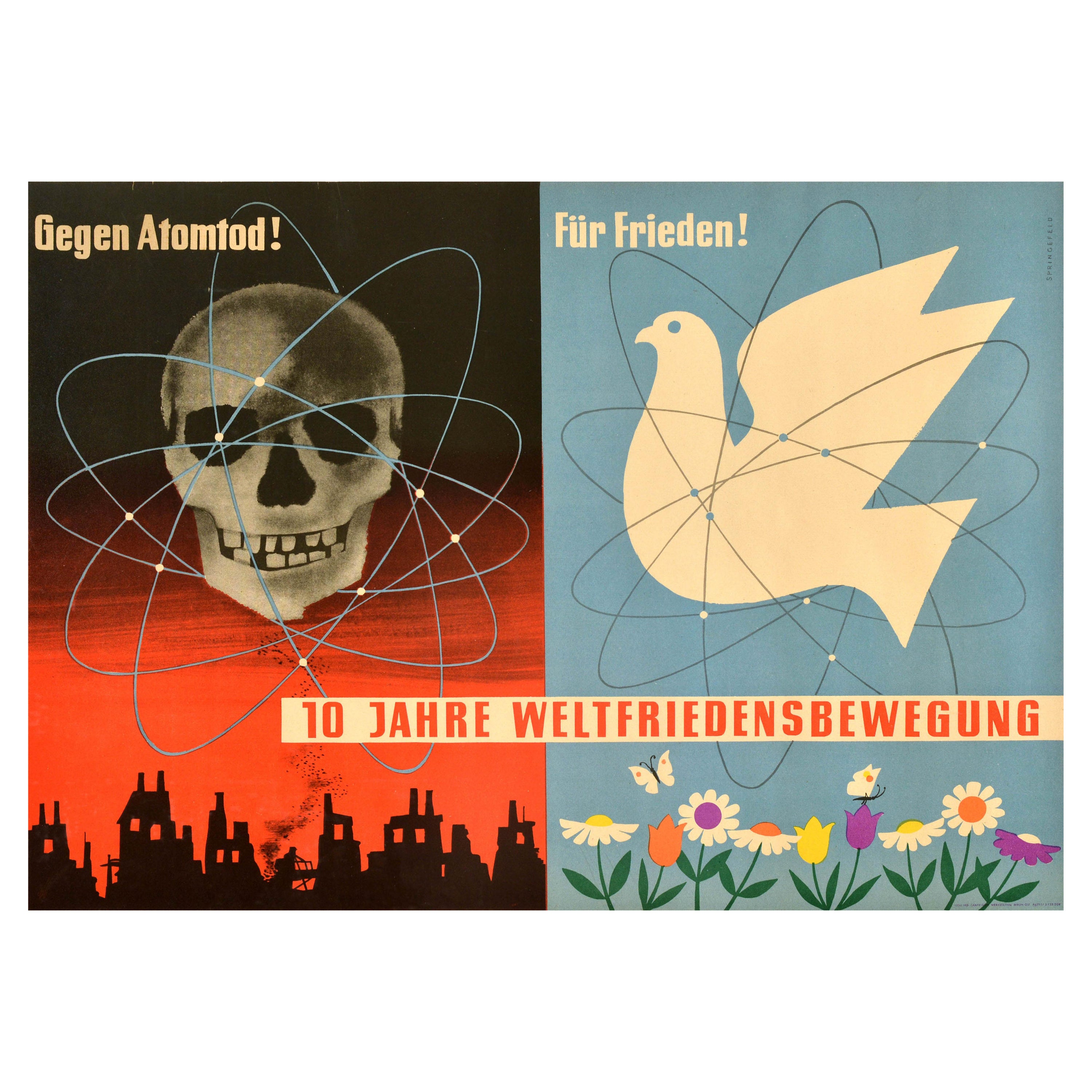 Affiche de propagande vintage d'origine du mouvement de la paix mondiale sur la mort nucléaire avec crâne de colombe