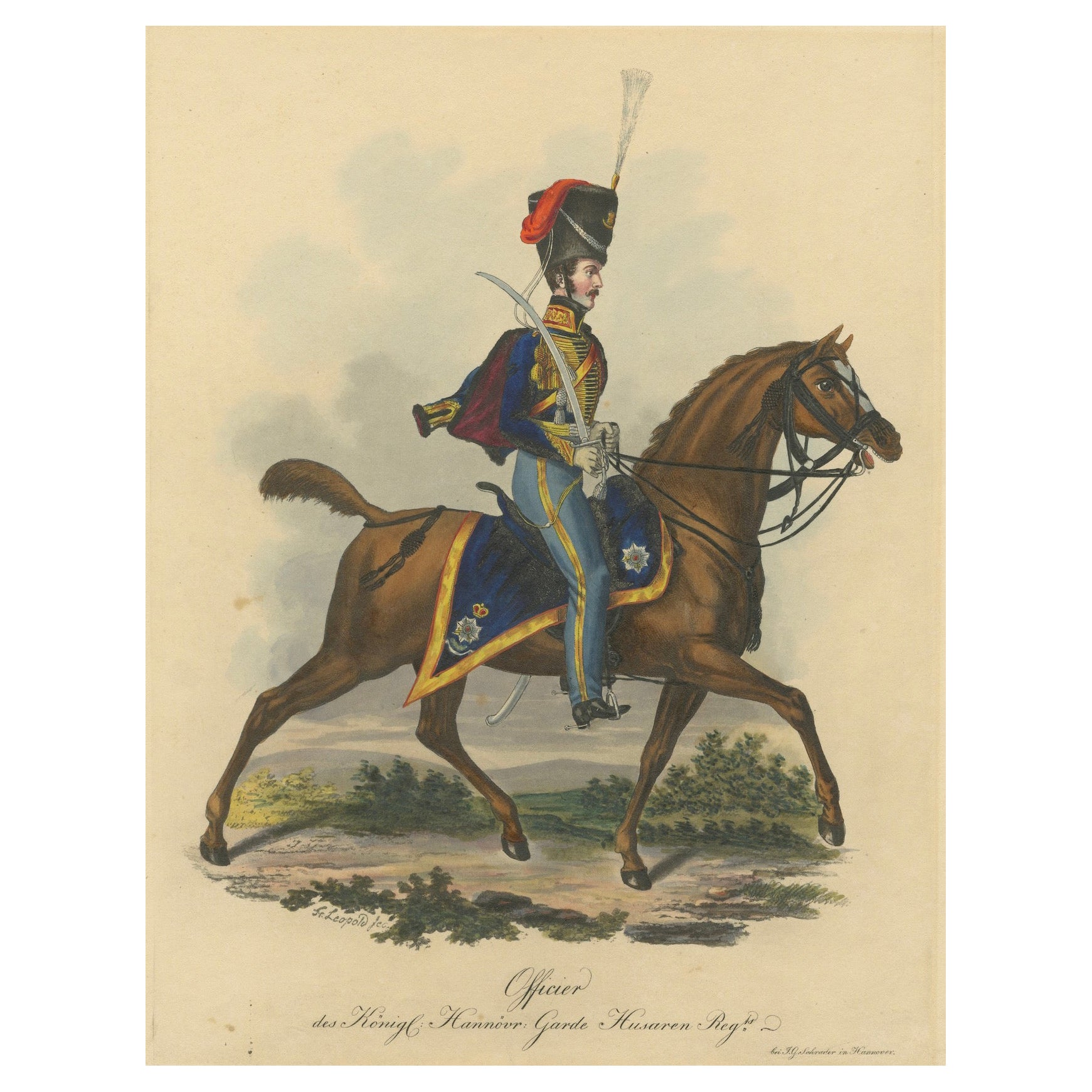 Hanoverian Guard Hussar Officer Elegance, 19th Century Military Print For Sale